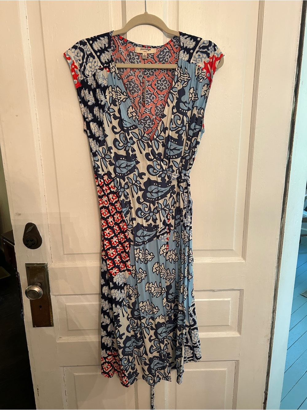 Anthropologie Porridge Sleeveless Patchwork Wrap Midi Dress in Blue and Red - Picture 2 of 5